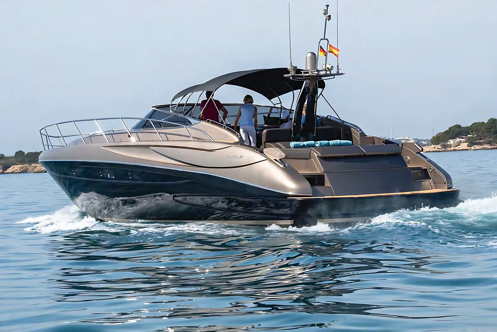 Riva 52 under way on calm blue water, bronze topsides, dark hull and a bimini over the cockpit